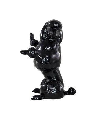 Black Glazed Ceramic Poodle Figurine Posing Paws Up Decorative MCM *Repaired*
